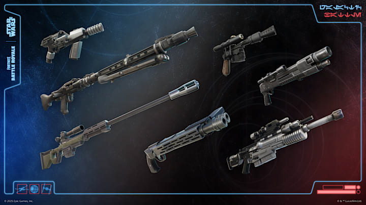 A collection of different Blaster weapons being added to Fortnite