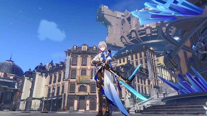 Honkai: Star Rail screenshot of Bronya inspecting her rifle.
