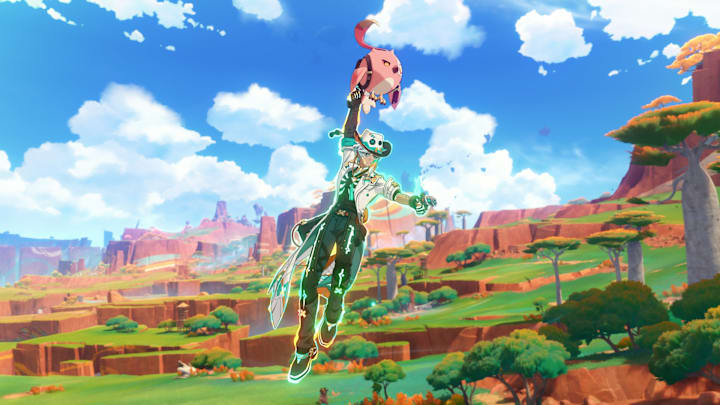 Genshin Impact screenshot of Ifa being lifted by Cacucu.