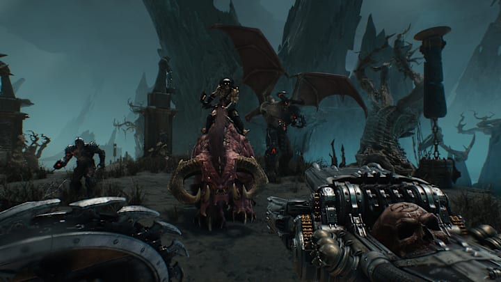 A demon riding a hell beast and a large mecha demon with wings apporaches the camera.