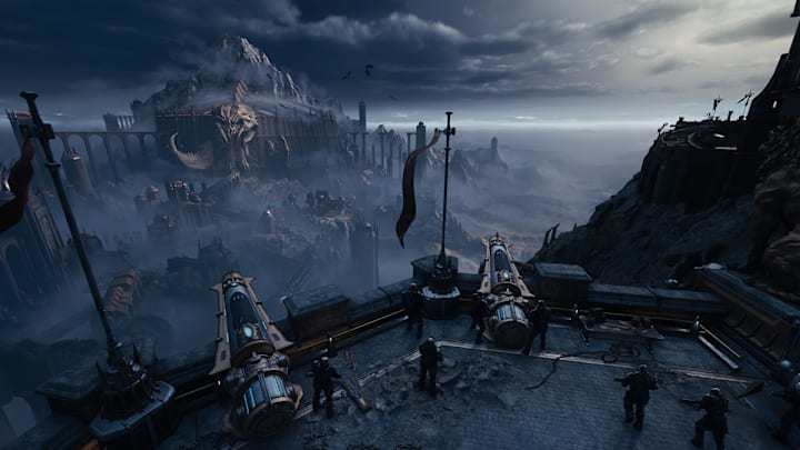 A landscape of soilders in a tower looking out a demonic fortress