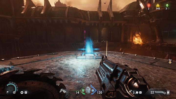 A blue bouncepad that fires you over to a purple key.