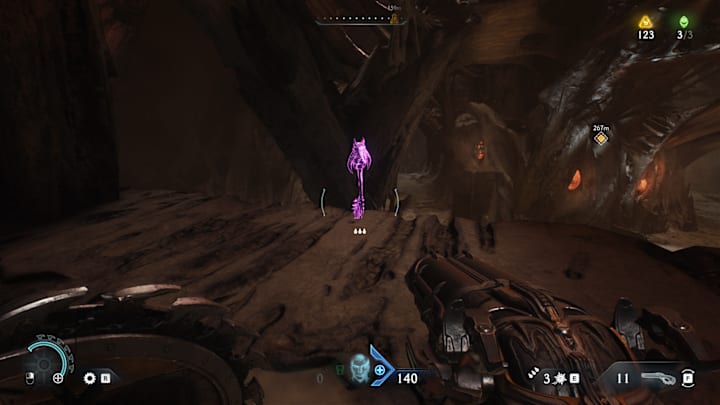 A purple key on a ledge in a run down rocky location.