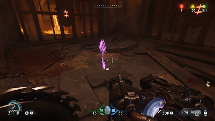 A purple key on the ground surrounded on all sides by locked doors.