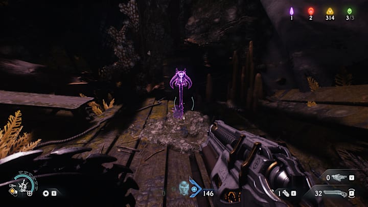 A purple key on the deck of a ruined wooden ship.