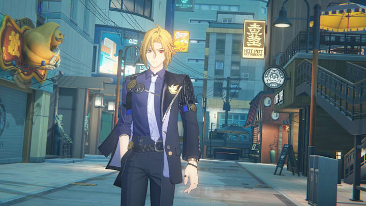 Zenless Zone Zero screenshot of Hugo walking through town.