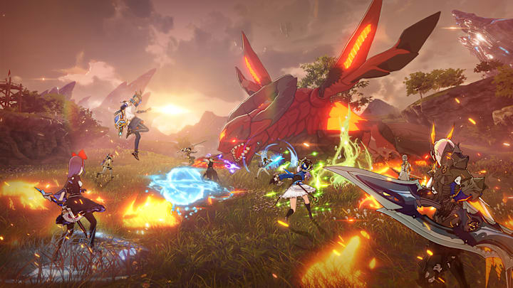 Blue Protocol: Star Resonance screenshot of characters fighting a fantasy monster.