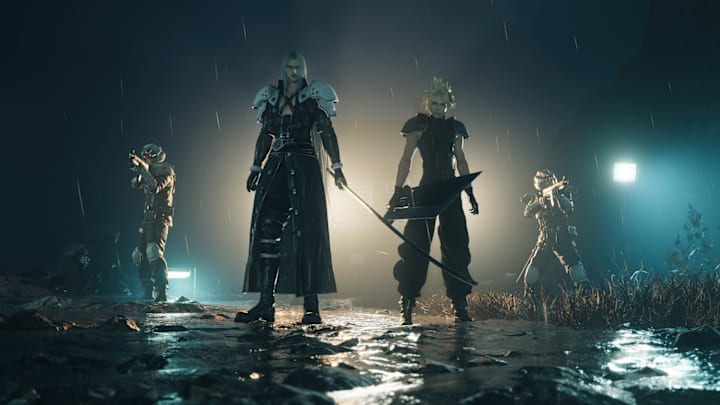 Sephiroth and Cloud standing in a dark field flanked by soilders with guns.