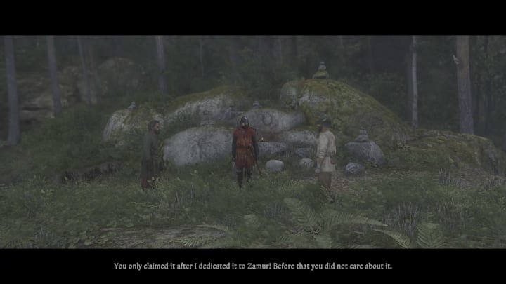 Three men stand in front of a pile of stones, KCD2.