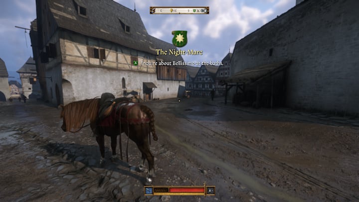 A horse in a medieval street in Kingdom Come: Deliverance 2