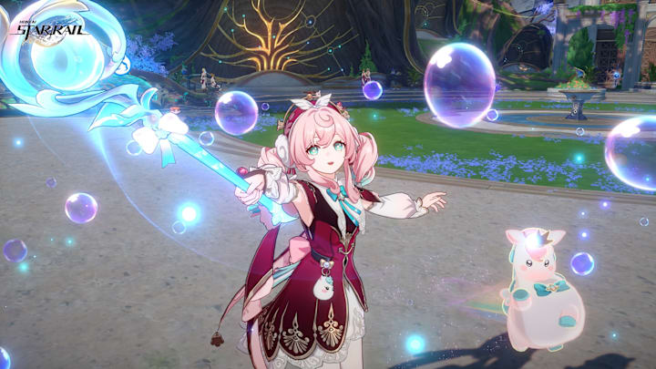 Honkai: Star Rail screenshot of Hyacine playing with Little Ica.