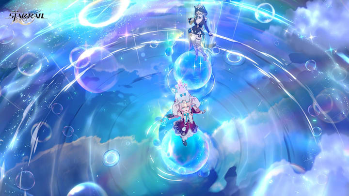 Honkai: Star Rail screenshot of Hyacine holding Little Ica over her head.