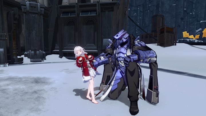 Honkai: Star Rail screenshot of Svarog holding a sleepy Clara.