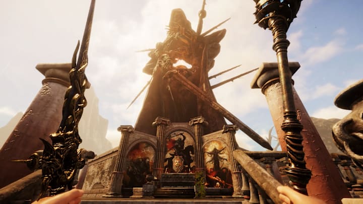 A shrine with a large statue carrying swords in front of an altar.