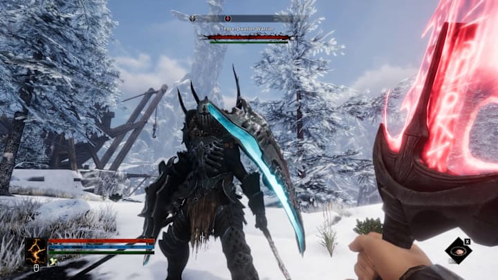 A knight with a metalic shield with bright blue highlights while the playuer weilds a glowing red sword.