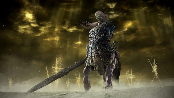 A one-armed centaur stands in a stormy desert