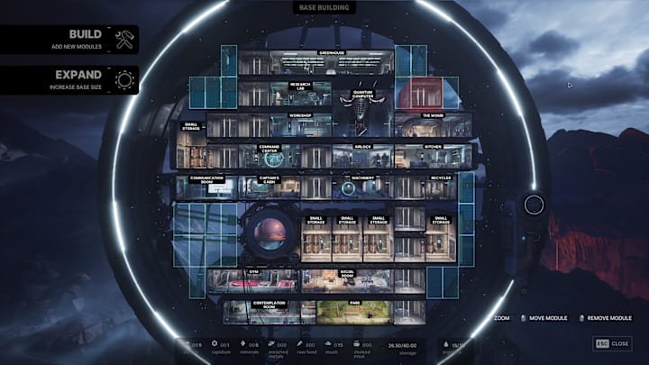 A large sci-fi base in a big circular structure, with a side-on look at all of the rooms.