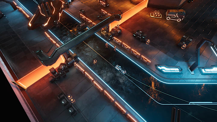 An isometric view of a street in Tron, with someone riding a bike down the road.