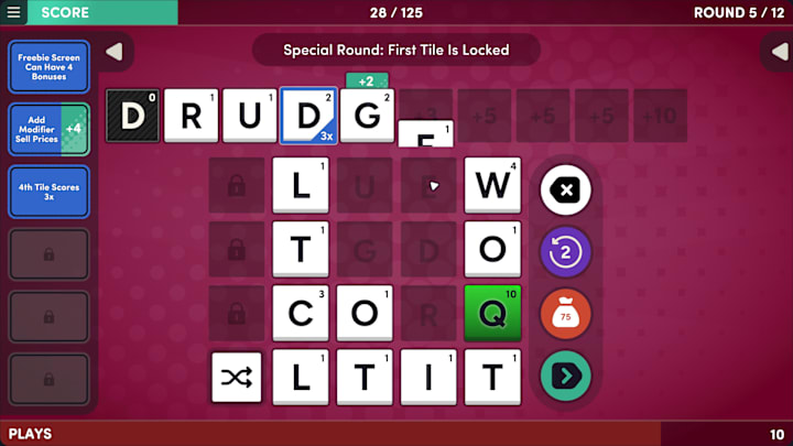 A board of letters with various modifiers around it, stipulating the score.
