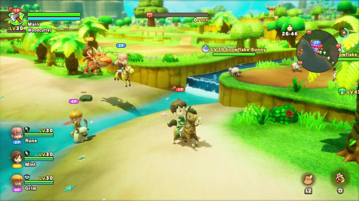 Multiple characters exploring a beach on horseback.