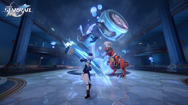 Honkai: Star Rail screenshot of Misha fighting a robot dinosaur.