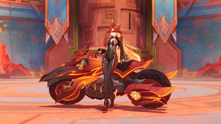 Genshin Impact screenshot of Mavuika standing in front of her motorcycle.