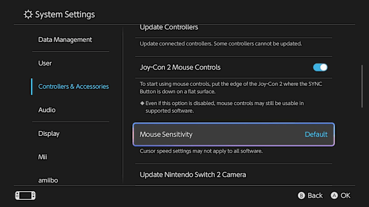 Switch 2 mouse sensitivity setting