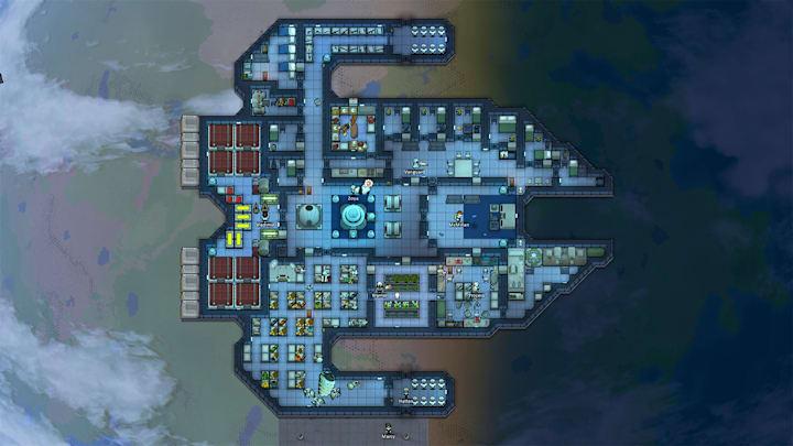 RimWorld Odyssey screenshot of a space ship in orbit around a planet.