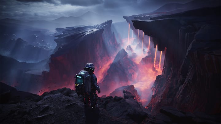 The Alters screenshot showing an astronaut looking at a distant volcano.