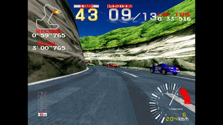 Arcade Archives 2 Ridge Racer cars driving through a mountain pass