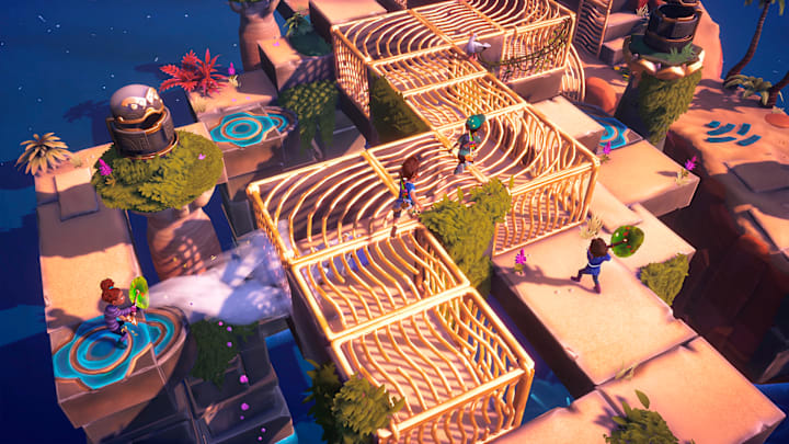 A screenshot of Survival Kids showing multiple players navigating a puzzle on an island.