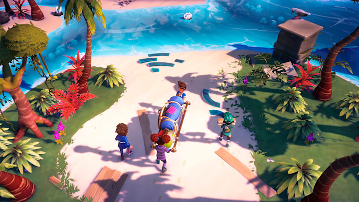 A screenshot for Survival Kids showing two players carrying a large bundle of supplies while two others stand by it. 