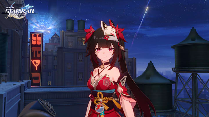 Honkai: Star Rail screenshot of Sparkle in front of a skyline at night.