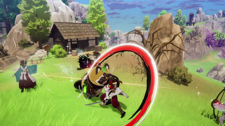 A man attacking a big tanuki with a sword.