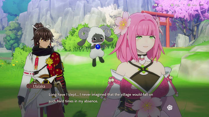 A woman with pink hair looking out at the village, with a brown haired man and a floating lamb behind her.