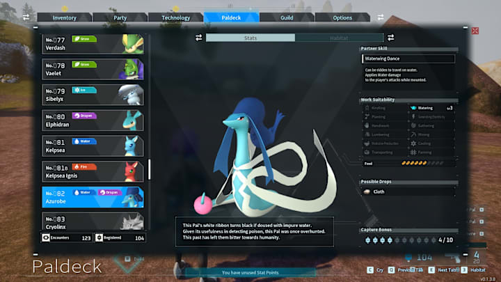 A serpent-like Pal with blue & white skin, with dark blue hair and white ribbons from it's body and a pink orb on the tail.