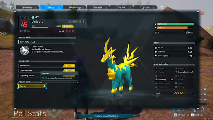 A horse-like Pal with turquoise and yellow skin, with hair on its head and tail that look like lightning bolts.