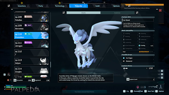 A pegasus Pal with ice on its body and dark cloudy fur coming out of its head and back.