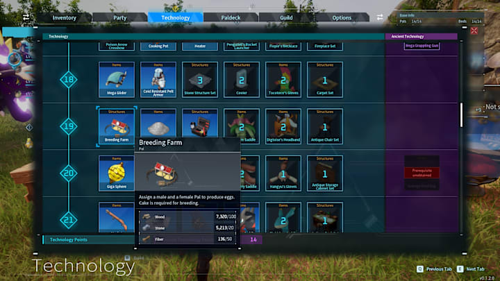 The Palworld tech tree with the Breeding Farm item hihglighted.