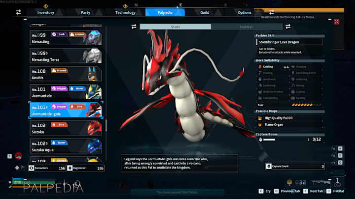 A serpent-like dragon Pal with a black and red body, and white  underbelly.