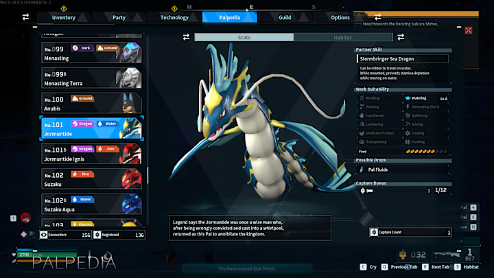 A serpent-like dragon Pal with a blue and yellow body, with a white underside.