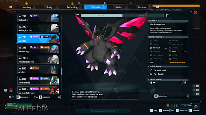 A humanoid-shaped  Pal with a bulky black rocky body with purple crystals for fingers and toes, plus red and black wings