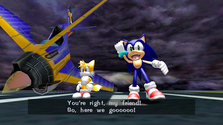 Sonic and Tails standing on a helicarrirer next to a crashed mech.