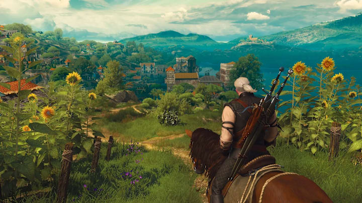 Geralt on  horseback riding into a vibrant town along a path  lined with Sunflowers