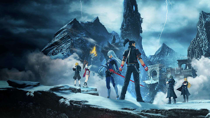 Various characters standing on a snowy mountain landscape