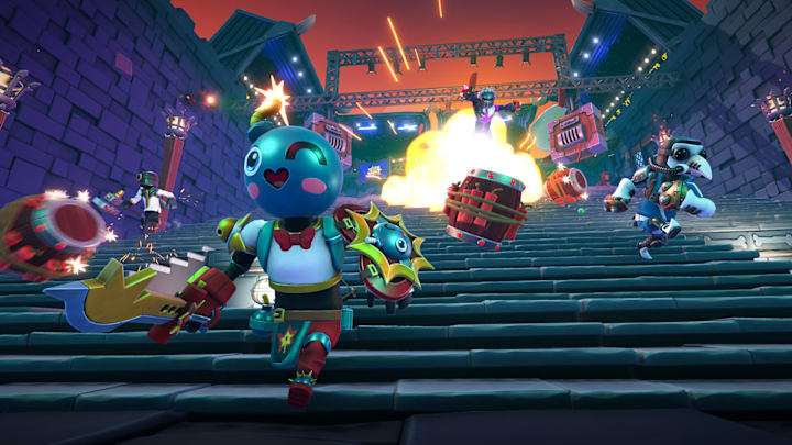A knight in cutesy armour running down some stairs away from exploding barrels.