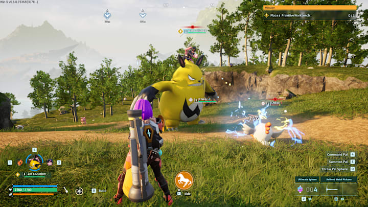 Zoe riding atop Grizzbolt as they attack a Chikipi