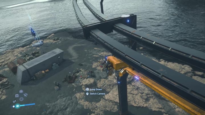 Death Stranding 2, Sam rides a monorail over an island
