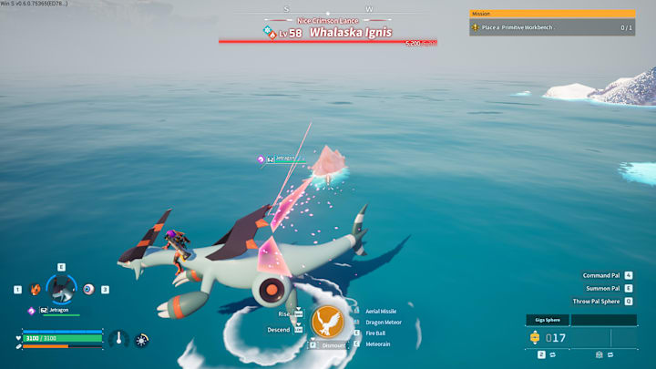 Flying above the ocean looking at a red swimming Pal with crystals on its head.