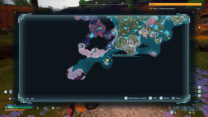 The Palworld map showing the location of the island containing the Terraria dungeon.